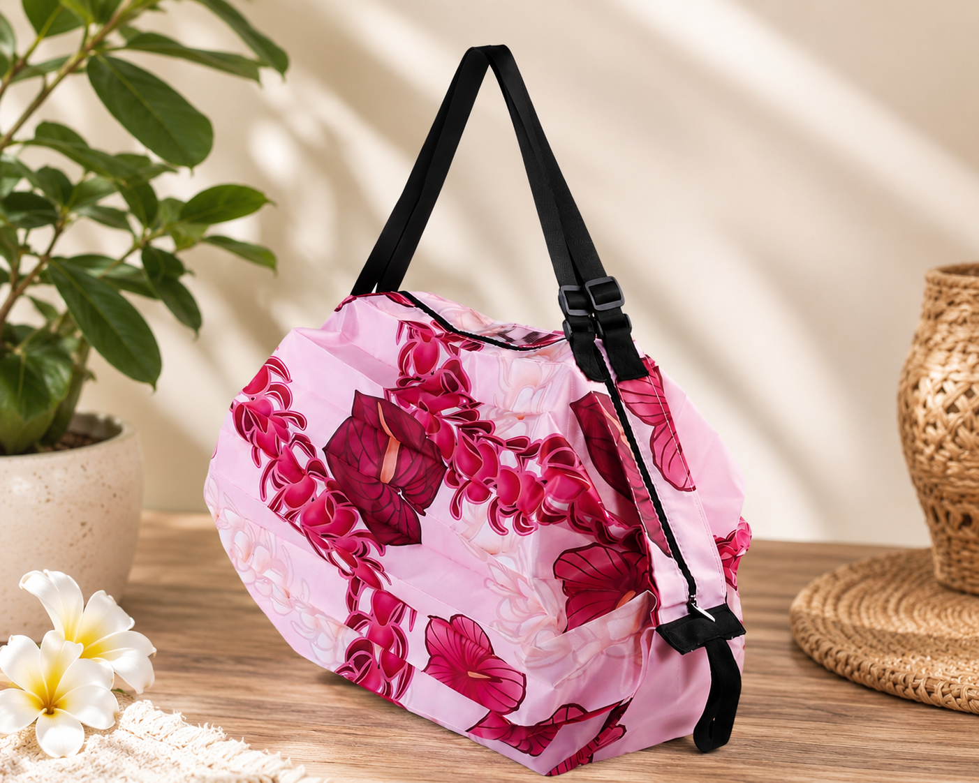 Hawaiian Floral Foldable Duffle Bag – Pink Anthurium Print