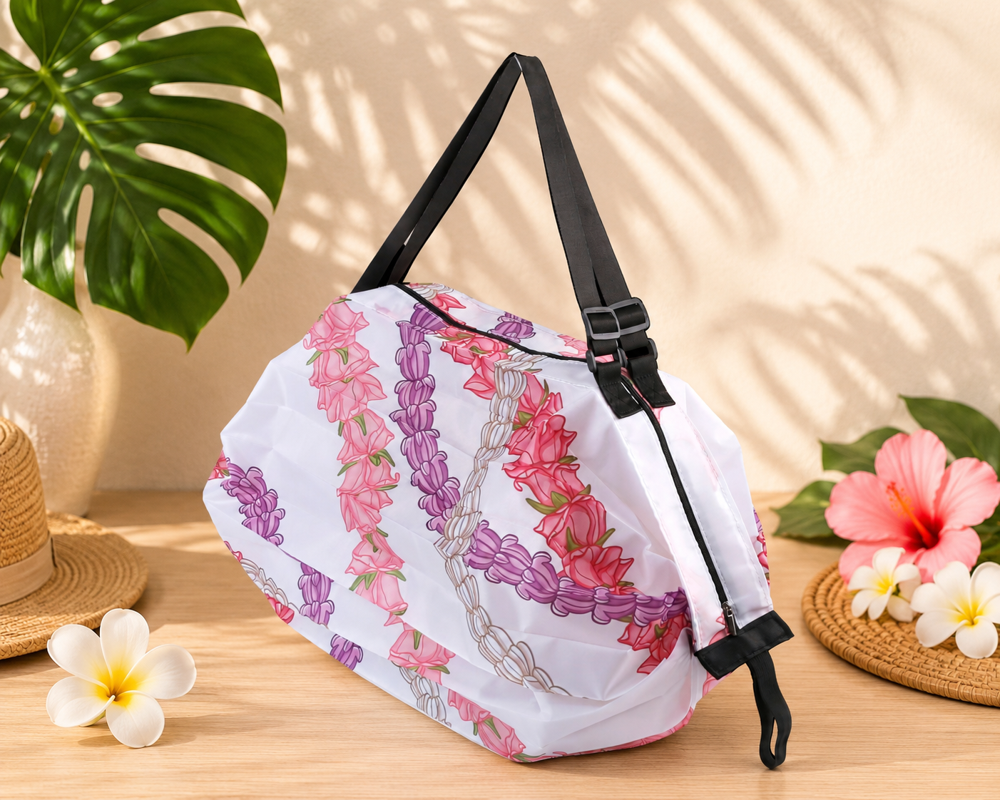 Hawaiian Floral Foldable Duffle Bag – Pink & Purple Pikake White Print