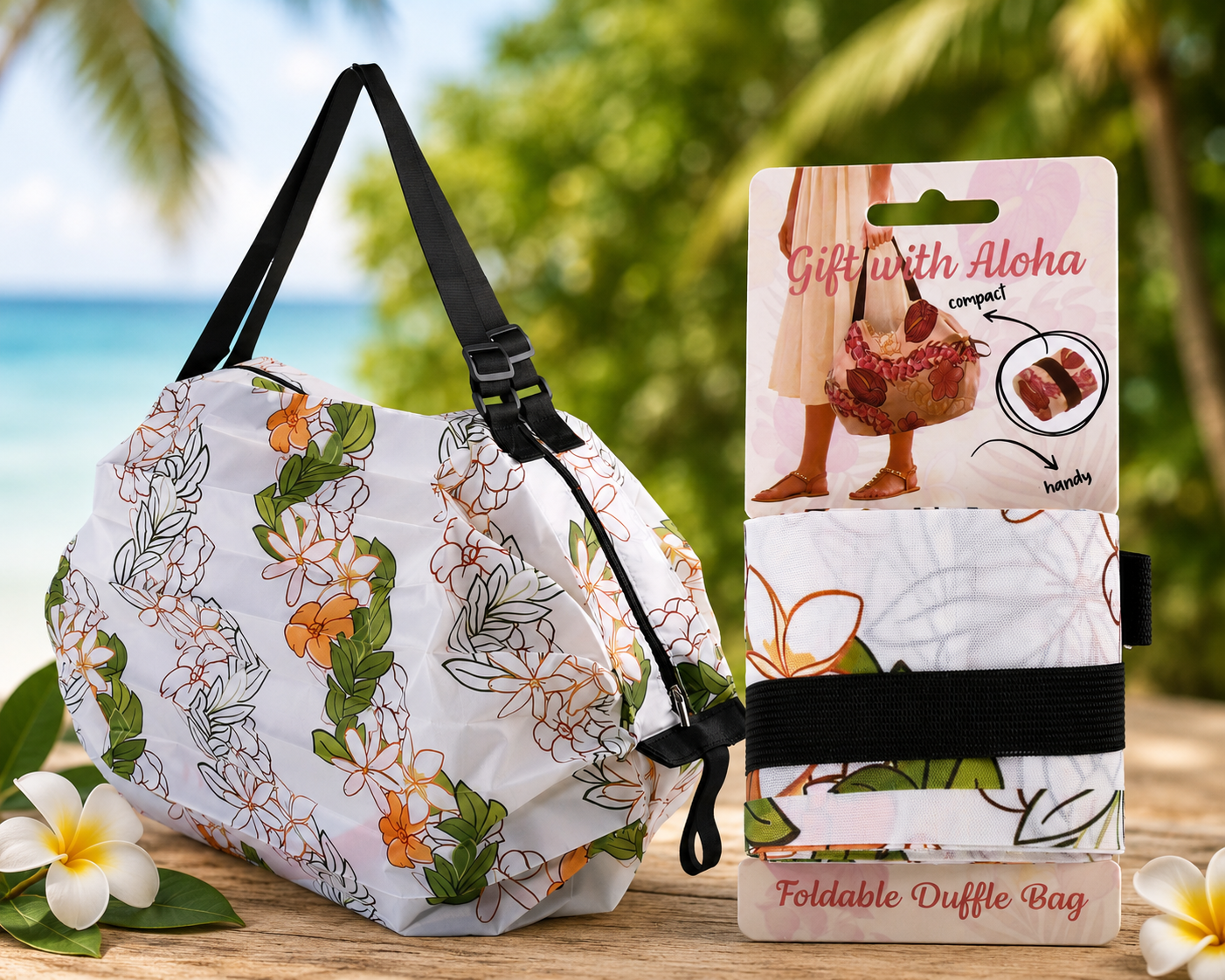 Hawaiian Floral Foldable Duffle Bag – Pikake White Print