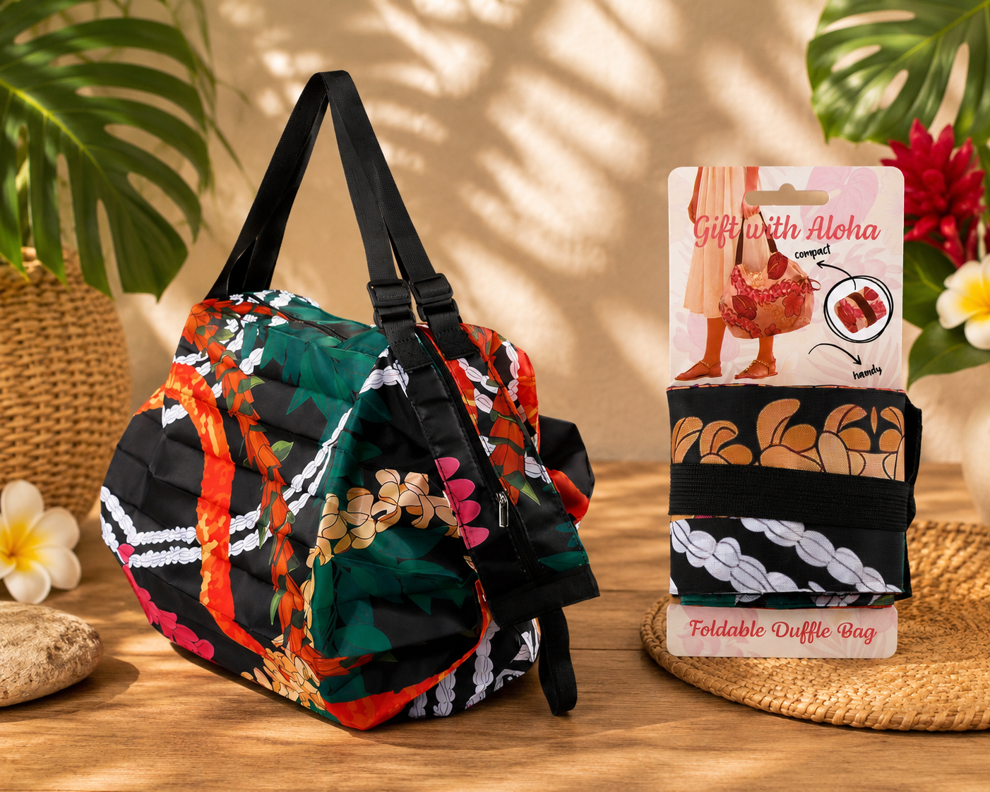 Hawaiian Floral Foldable Duffle Bag – Colorful Pikake Black Print