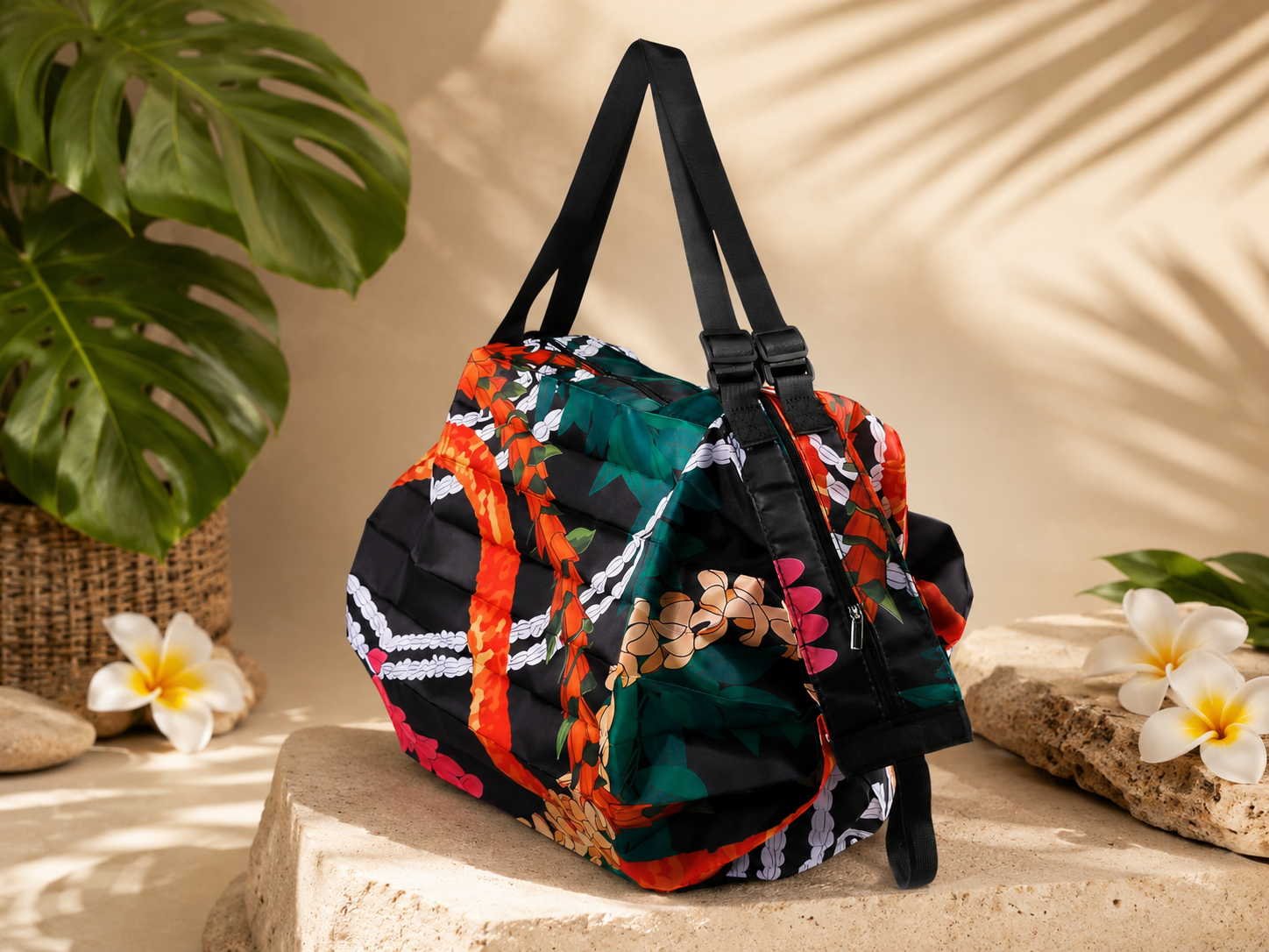 Hawaiian Floral Foldable Duffle Bag – Colorful Pikake Black Print