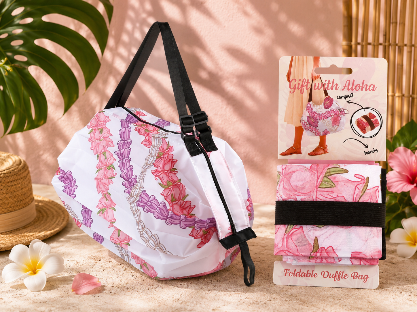 Hawaiian Floral Foldable Duffle Bag – Pink & Purple Pikake White Print
