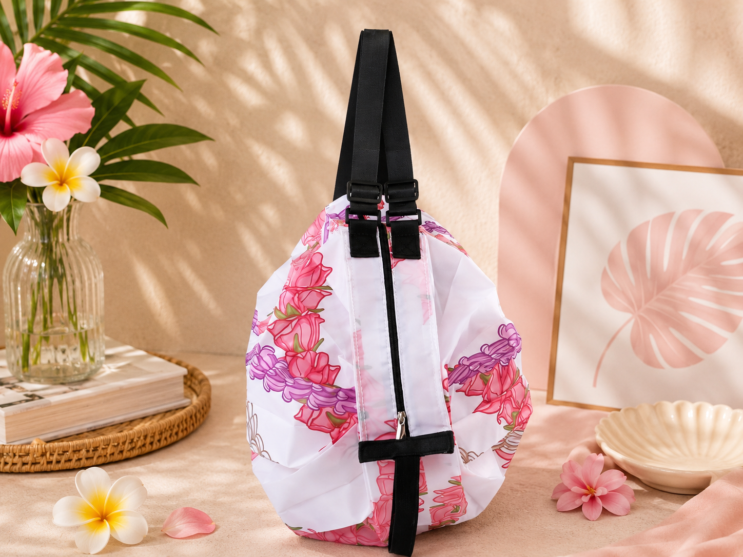 Hawaiian Floral Foldable Duffle Bag – Pink & Purple Pikake White Print