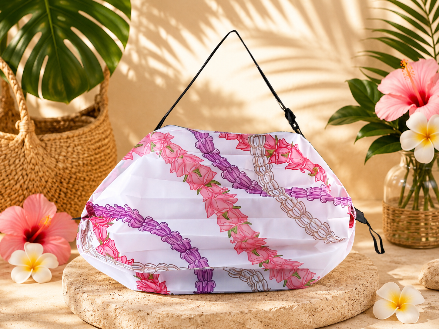 Hawaiian Floral Foldable Duffle Bag – Pink & Purple Pikake White Print