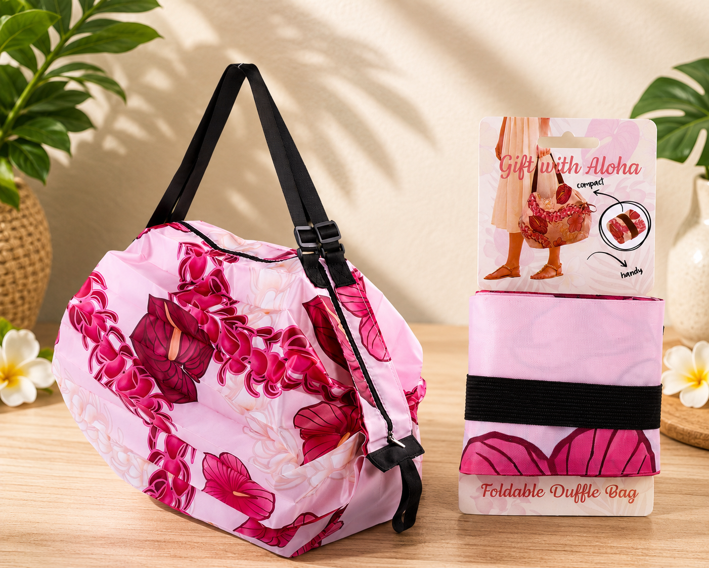 Hawaiian Floral Foldable Duffle Bag – Pink Anthurium Print